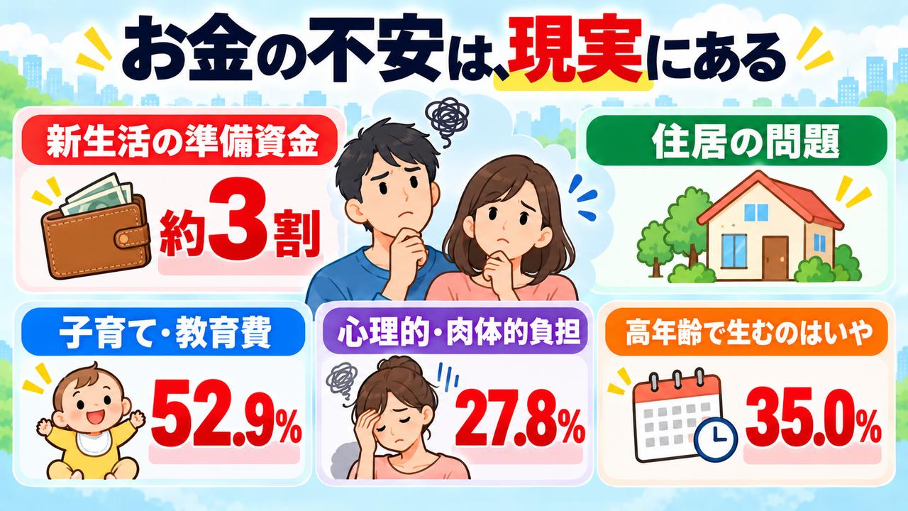 新生活の準備資金、住居、子育て教育費、育児負担、出産年齢など結婚や出産をためらう要因