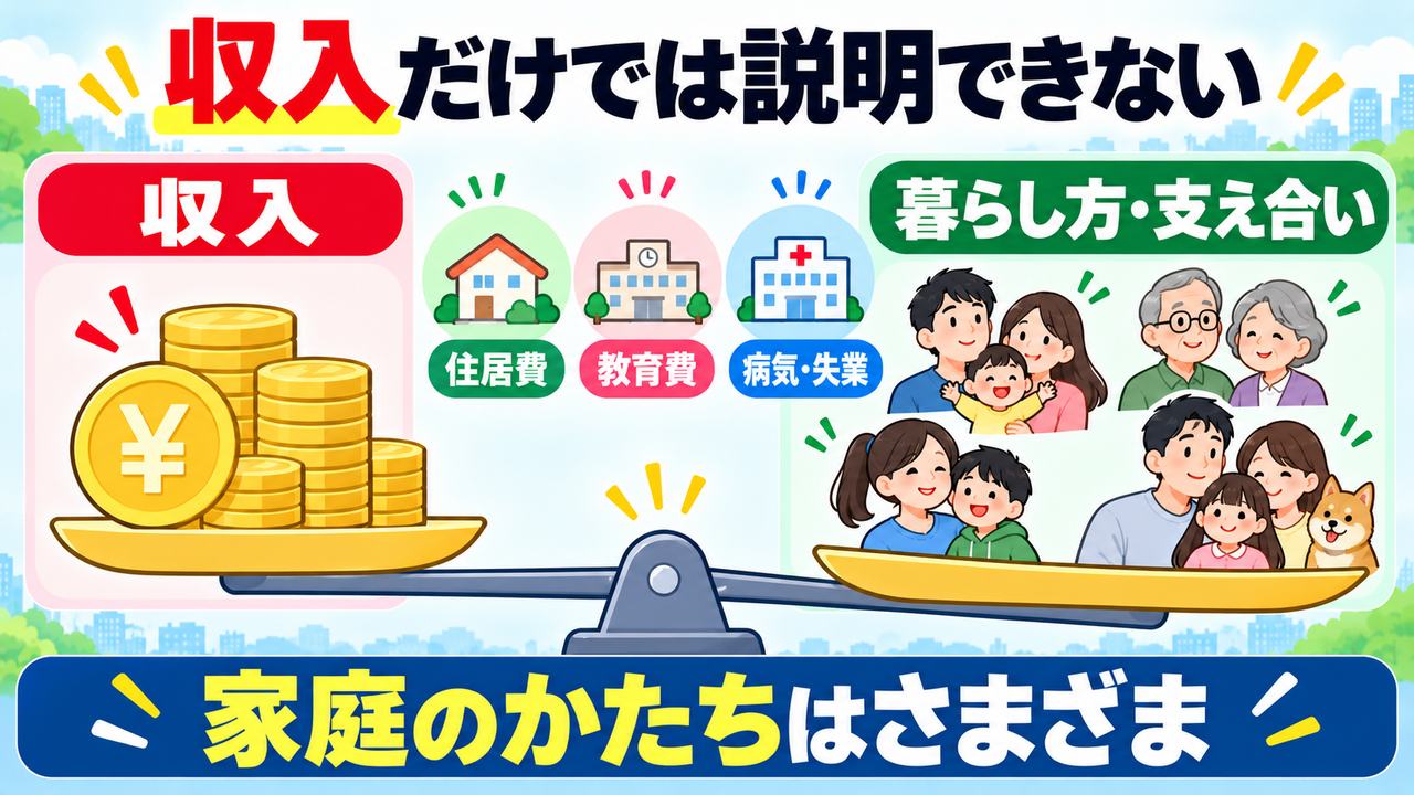 収入だけでは多様な家庭の暮らし方や支え合いを説明できないことを示す図