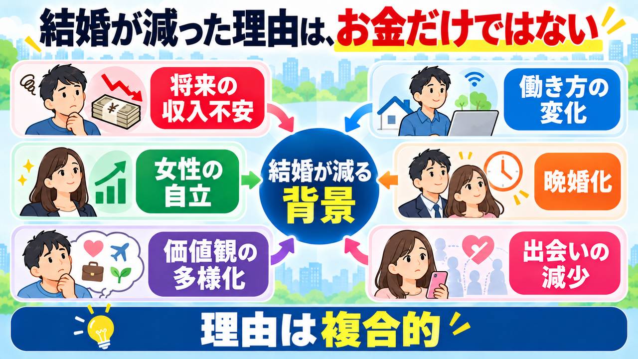 将来の収入不安、働き方、女性の自立、晩婚化、価値観、出会いの減少など結婚減少の複合要因
