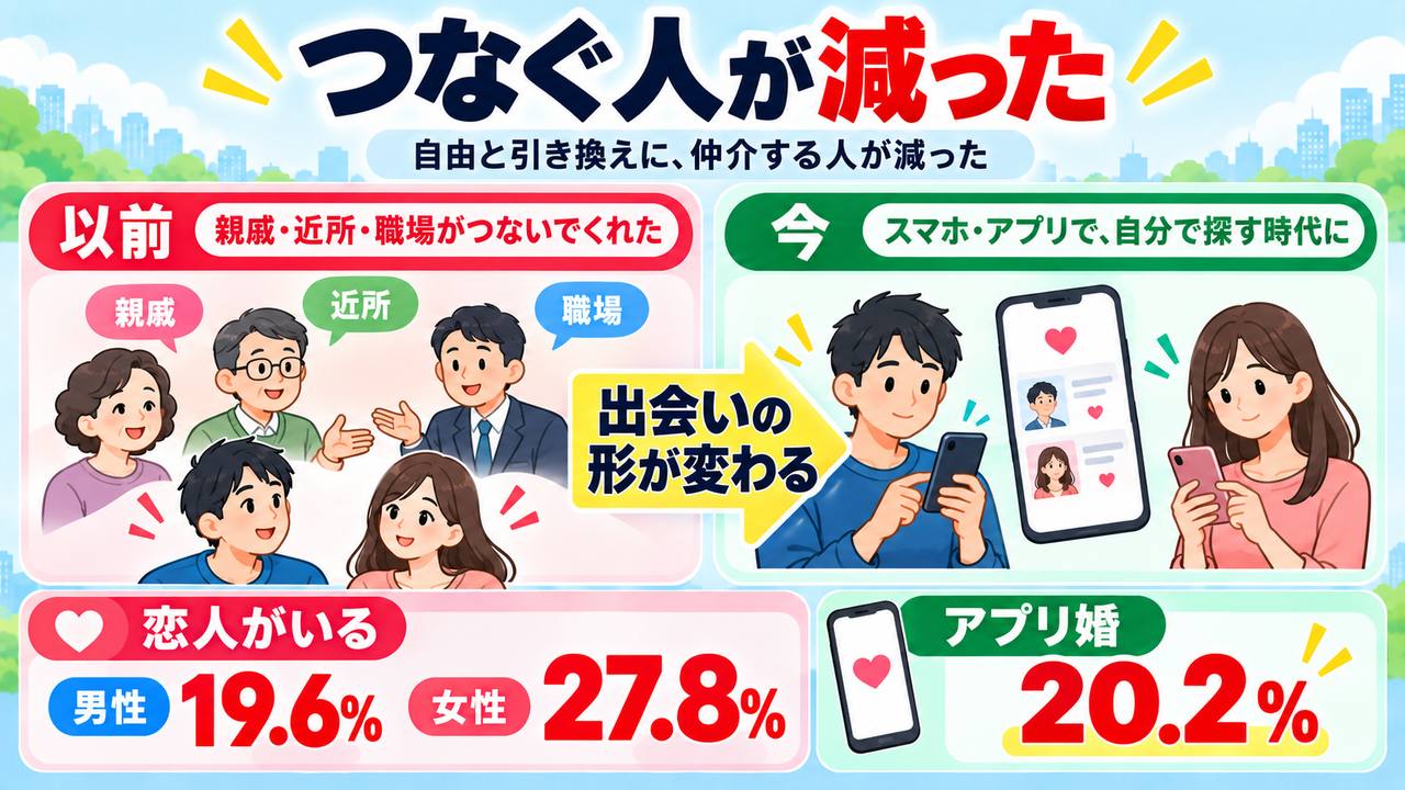 親戚や近所、職場による紹介からスマートフォンやアプリを使った出会いへの変化