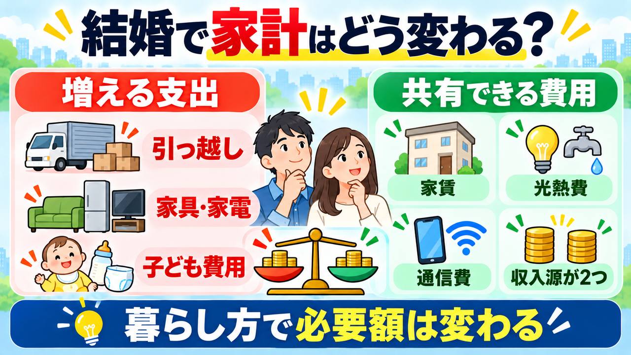 結婚で増える引っ越しや家具、子ども費用と、共有できる家賃や光熱費、通信費、二つの収入を示す図
