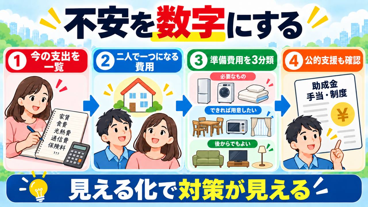現在の支出、二人で一つになる費用、準備費用、公的支援を順番に確認する図