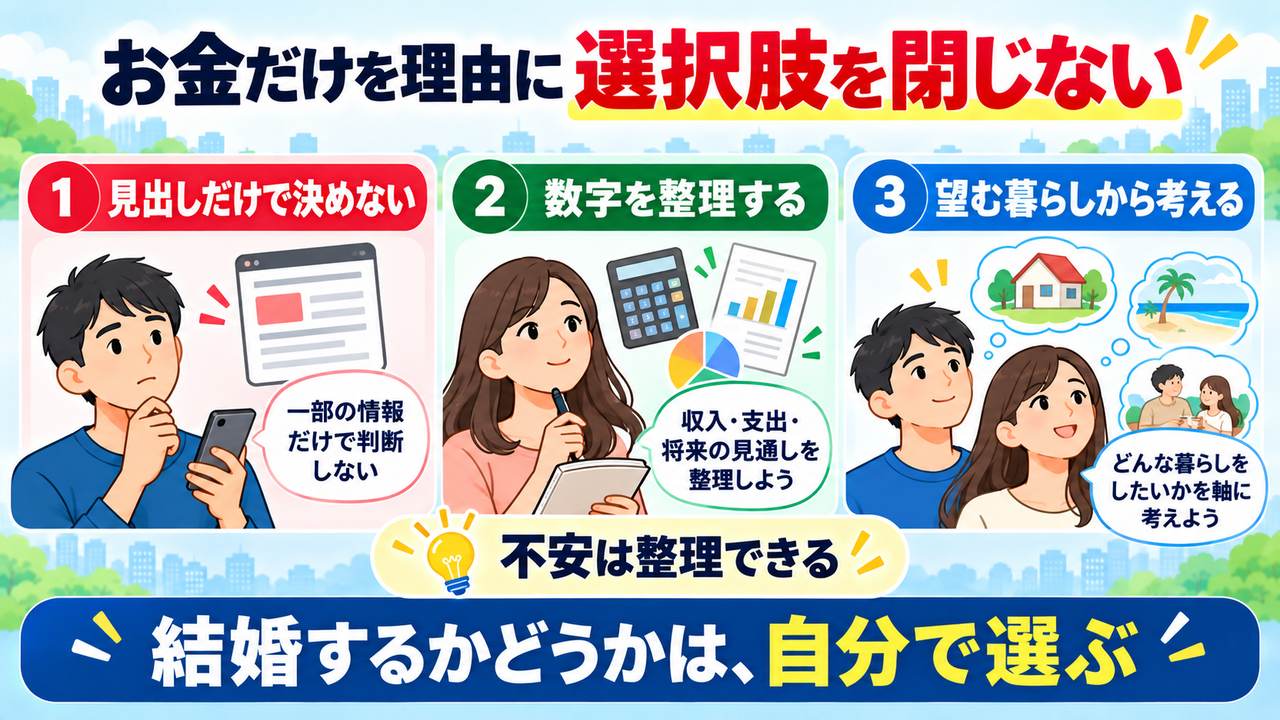 見出しだけで決めず数字と望む暮らしから考え、結婚するかどうかを自分で選ぶ流れ