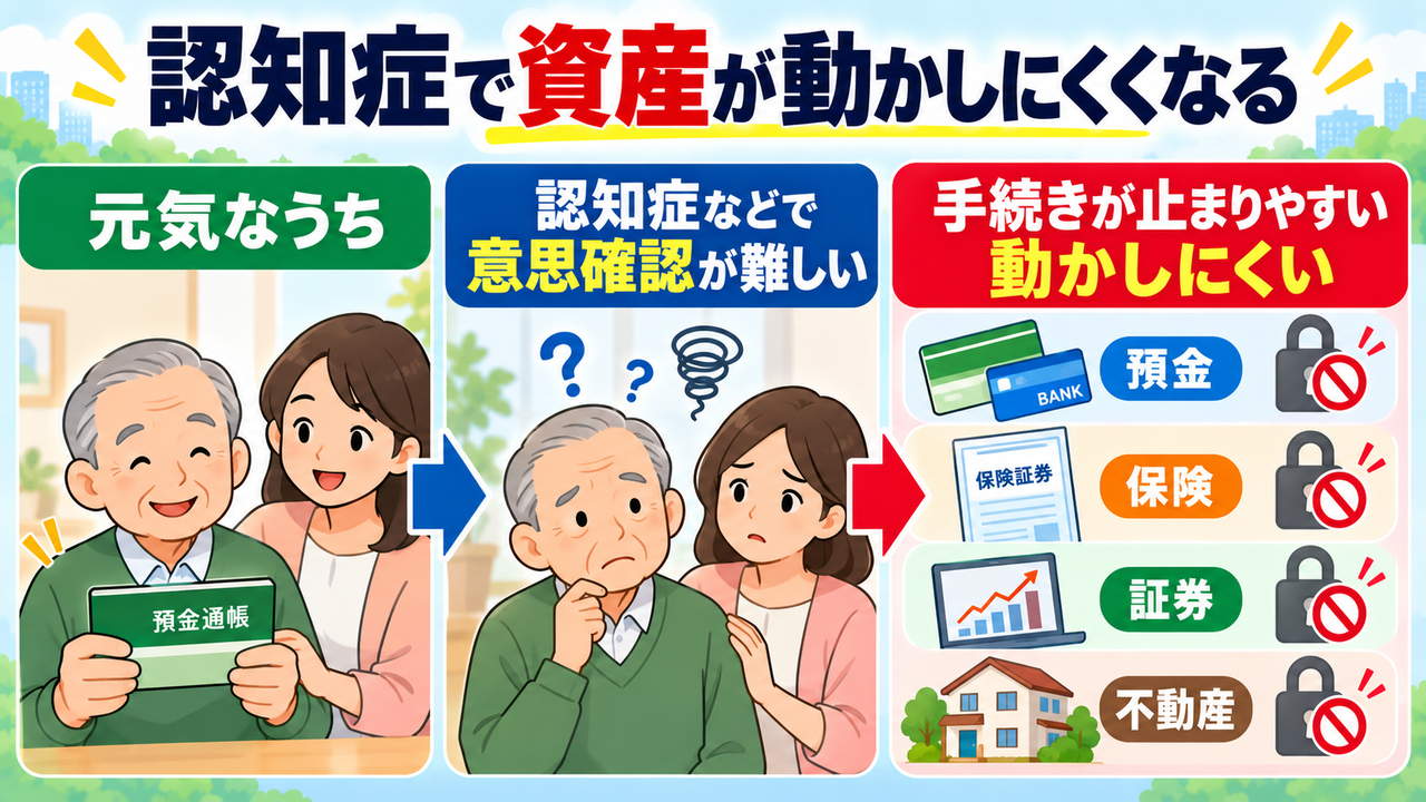 元気なうちに資産の代理手続きを準備し、認知症による手続き停止に備える流れ
