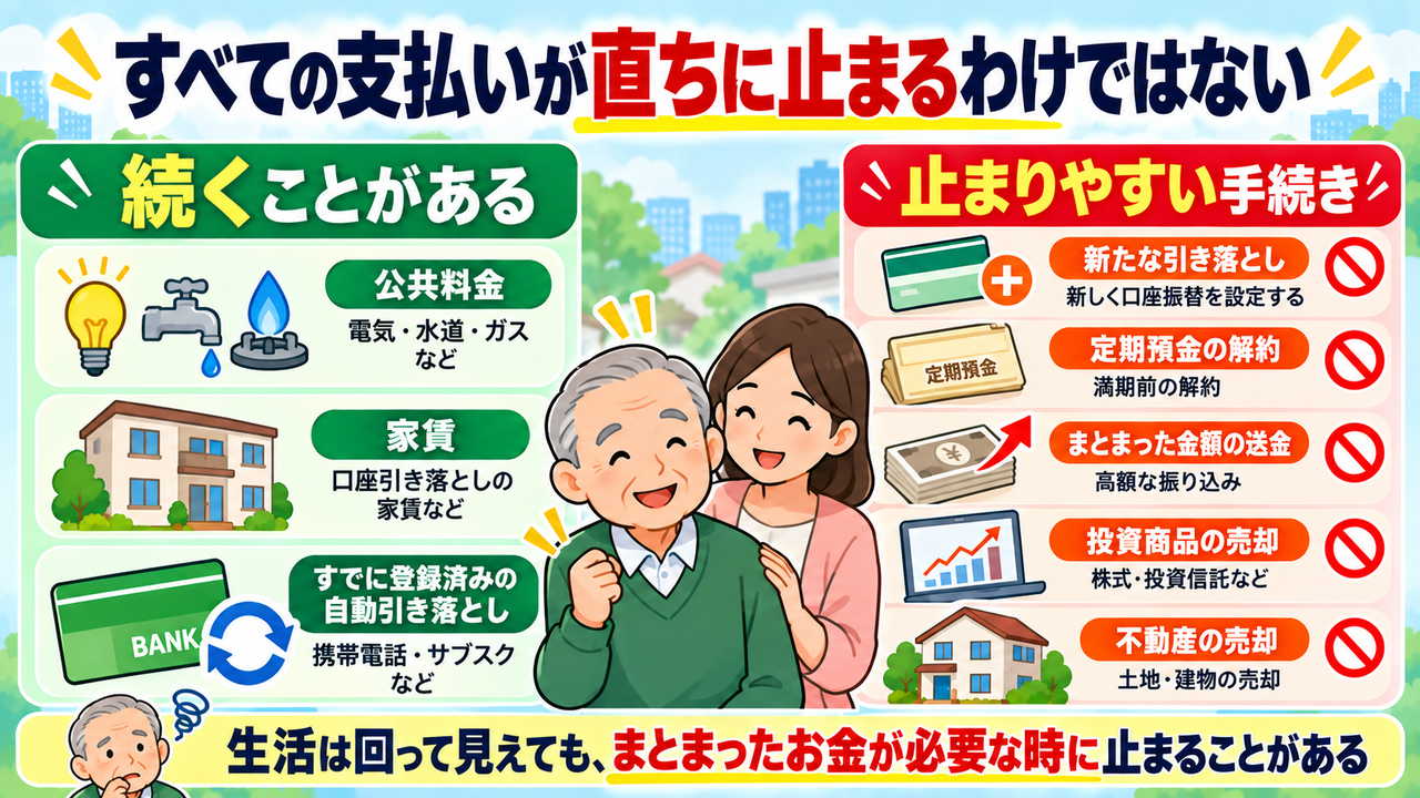 公共料金、家賃、登録済みの自動引き落としは続く場合がある一方、新規手続きや解約、売却は止まりやすいことを示す図