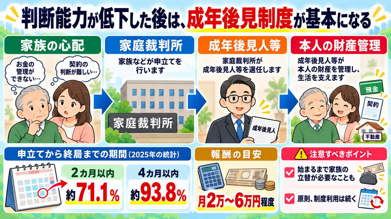 家族などが家庭裁判所へ申し立て、成年後見人等が選ばれ、本人の財産管理を支える流れと期間・報酬の目安
