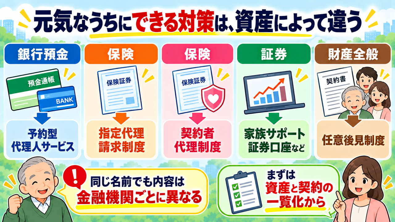 銀行預金、保険、証券、財産全般に使える主な代理制度を資産別に整理した図