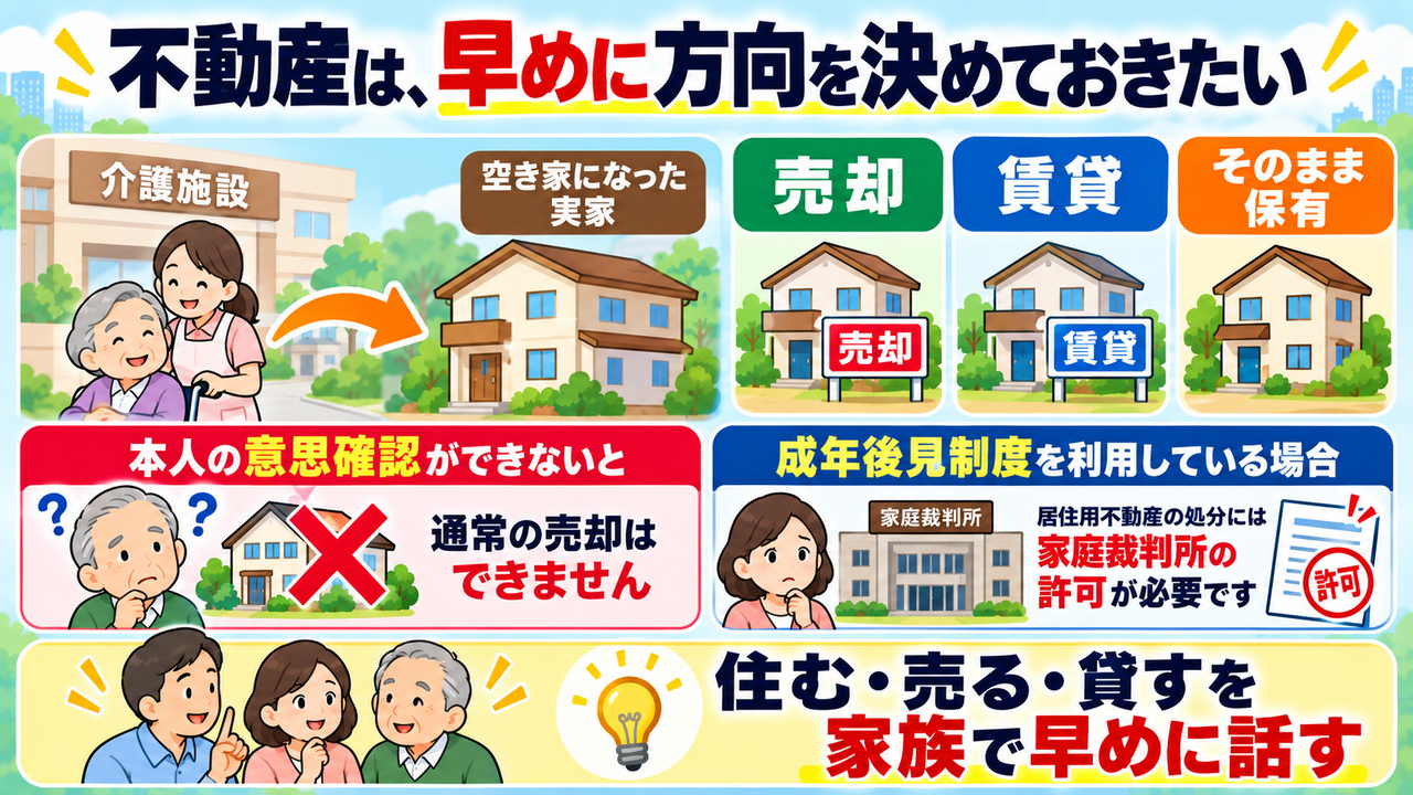 親が施設へ入った後の実家を売却、賃貸、保有のどれにするか元気なうちに家族で話す図