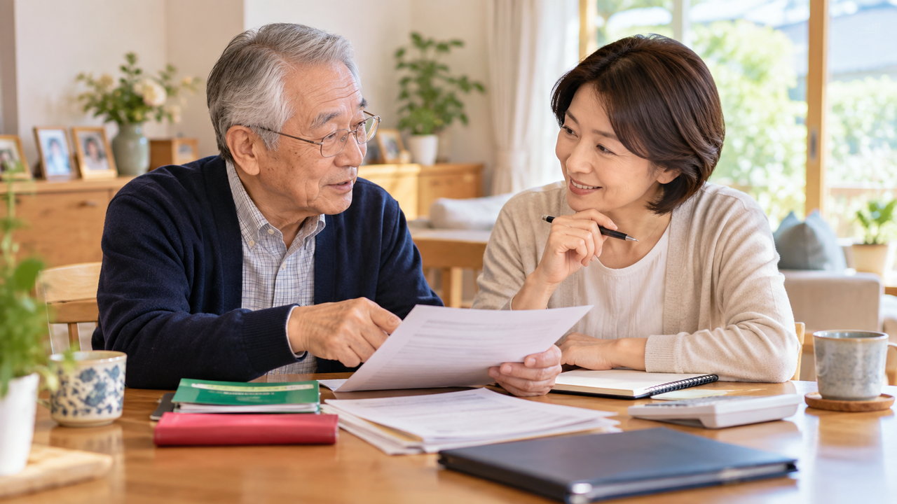 自宅で書類と通帳を広げ、将来の財産管理について家族で穏やかに話し合う様子