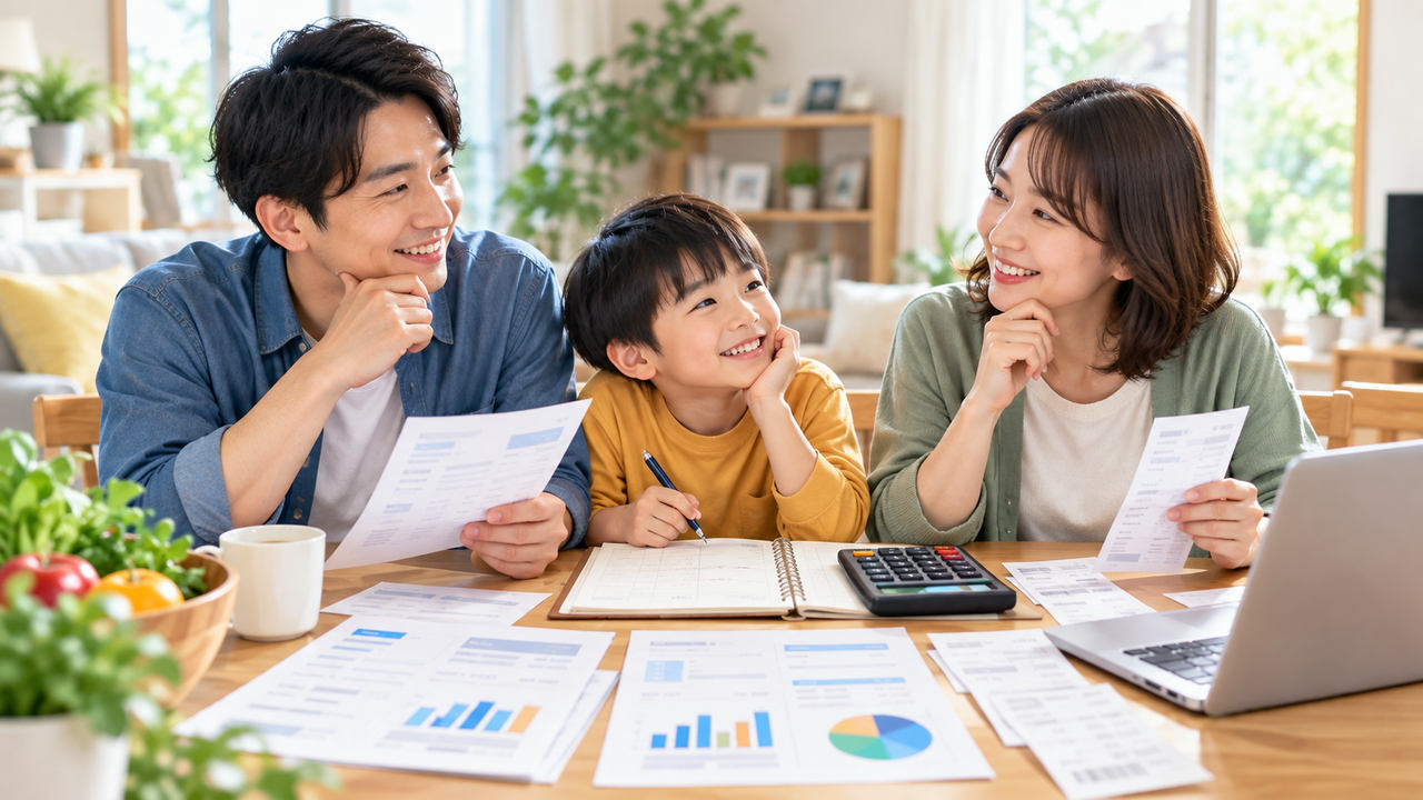 家族で家計の資料を見ながら楽しく相談している様子