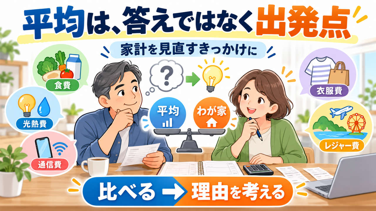 家計の平均を比べ、理由を考える出発点として使うことを示す図
