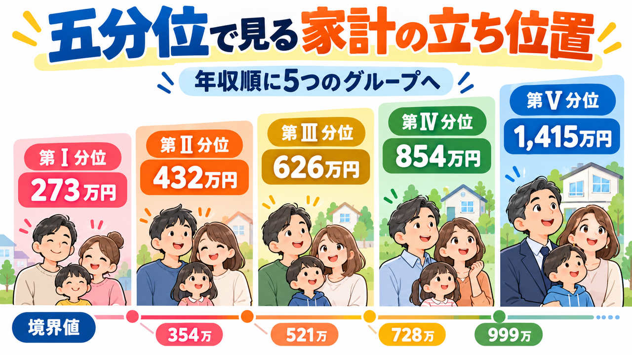 世帯を年収順に五分位へ分けた平均年収と境界値