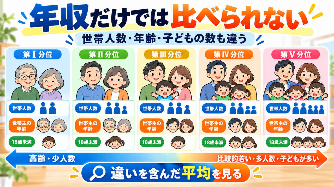 五分位ごとに世帯人数、世帯主の年齢、18歳未満の人数が異なることを示す図