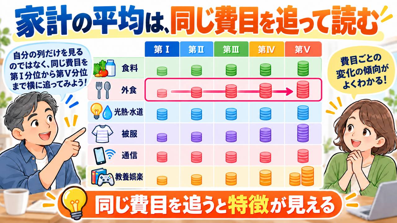 自分の列だけでなく、同じ費目を第Ⅰ分位から第Ⅴ分位まで追って読む方法