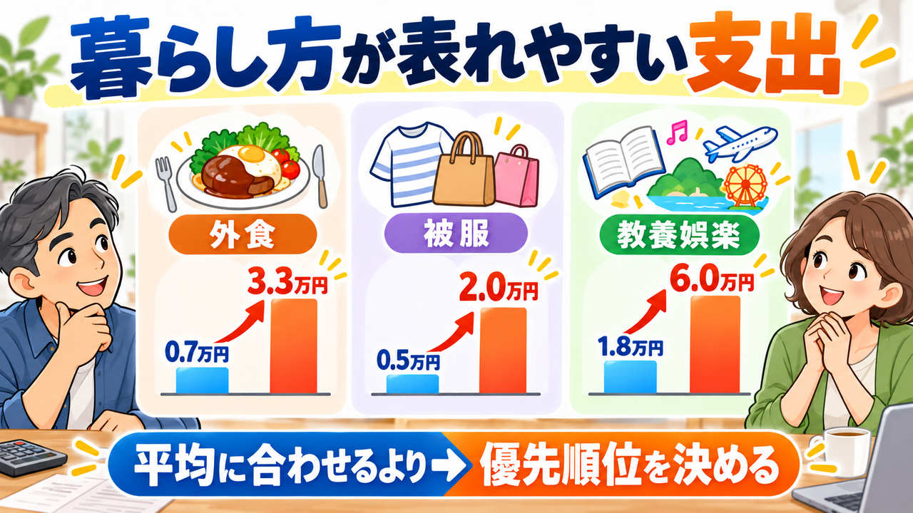 外食、被服、教養娯楽は収入グループによる差が大きく、優先順位が表れやすいことを示す図
