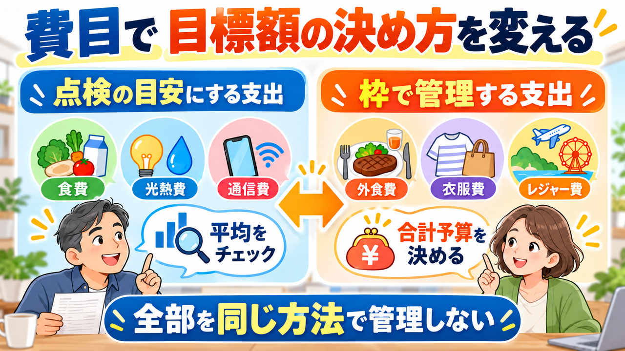 生活を維持する費目は平均で点検し、暮らし方が表れる費目は予算の枠で管理する図