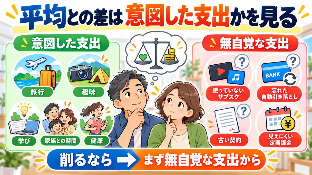 意図して選んだ支出と、使っていないサービスなどの無自覚な支出を分ける図