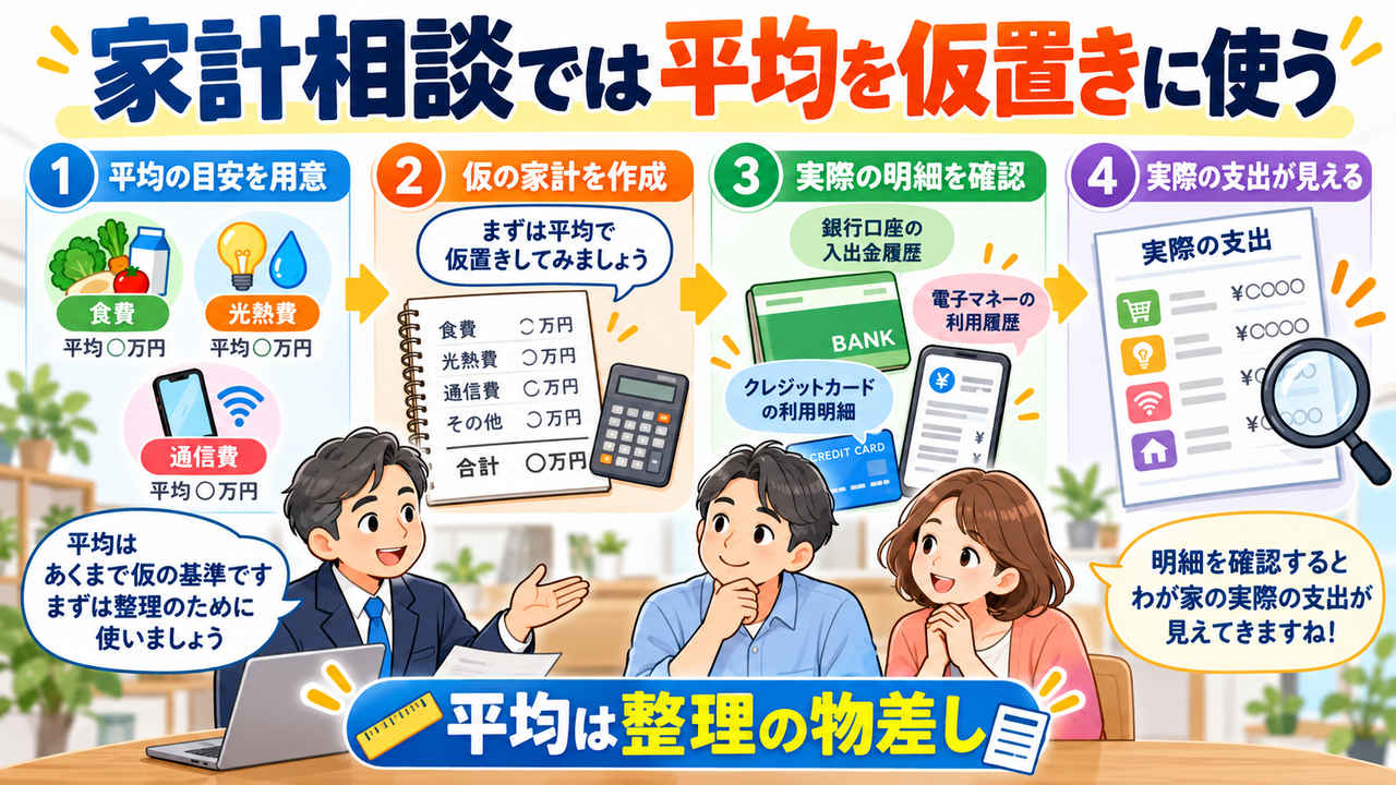支出が分からないときに平均額を仮置きし、明細で実態へ近づける流れ