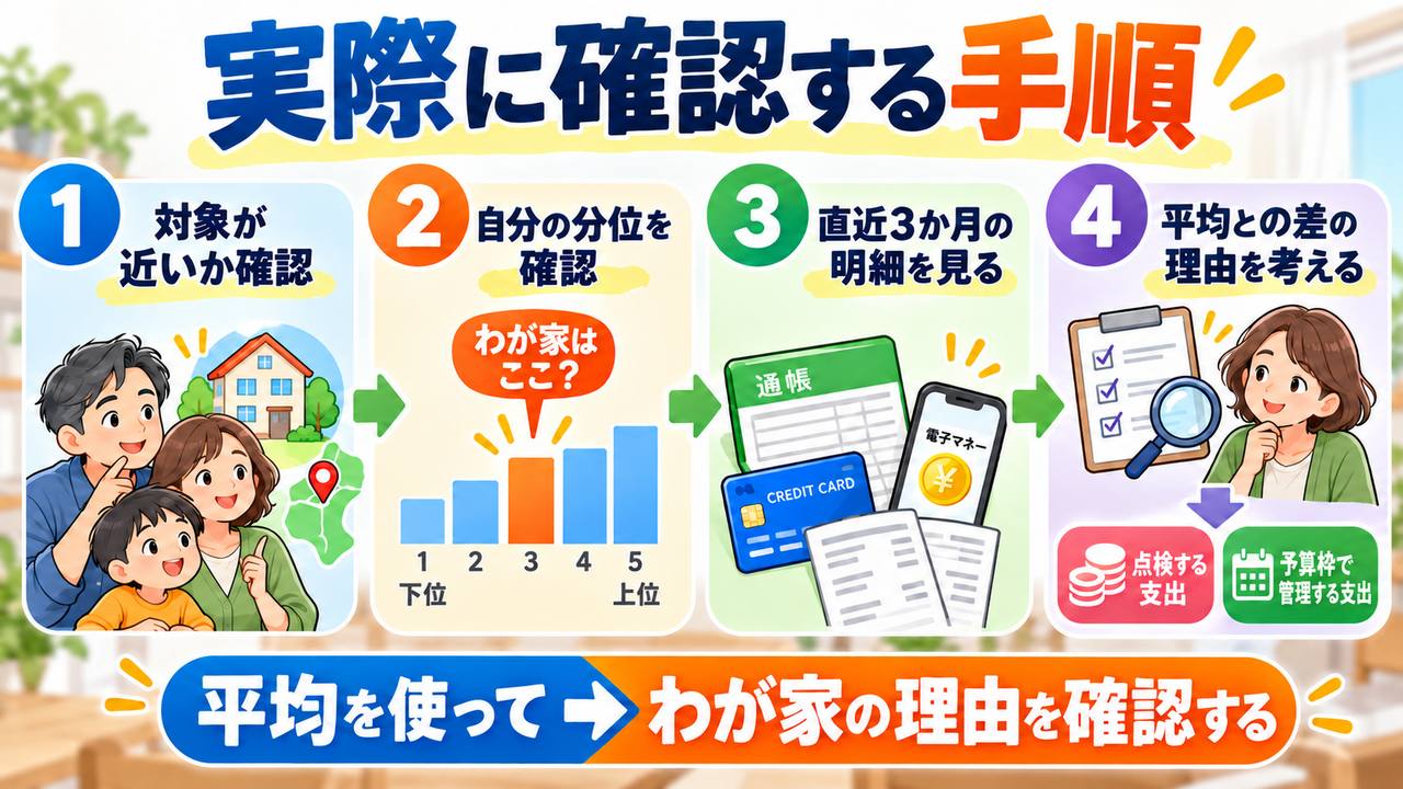 対象を確認し、五分位を調べ、3か月の支出を集計して差の理由を考える手順