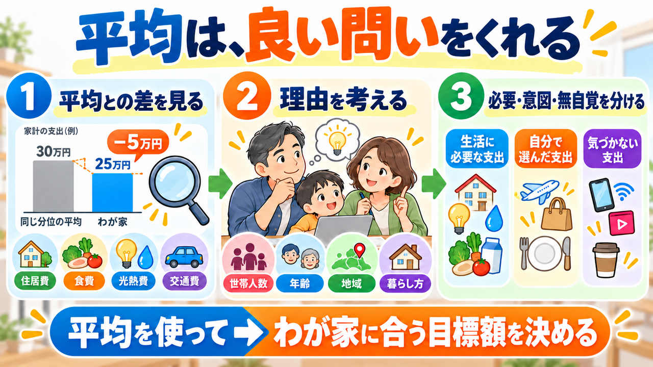 同じ分位の平均との差を見て理由を考え、必要な支出、意図した支出、無自覚な支出に分ける流れ