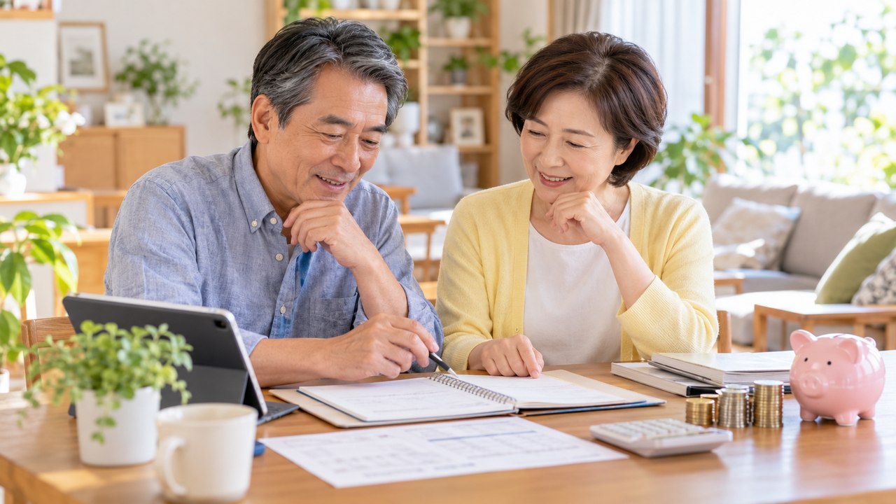 60代の夫婦が老後資金の計画を一緒に確認している様子