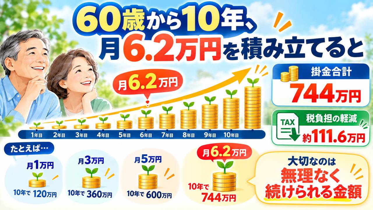 60歳から月6.2万円を10年間積み立てた掛金合計と税負担軽減の試算