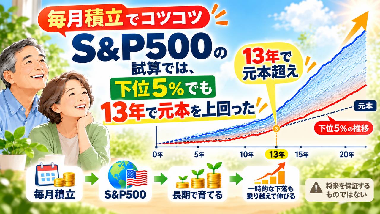 S&P500のシミュレーションで下位5%のケースも13年で累計元本を上回った結果