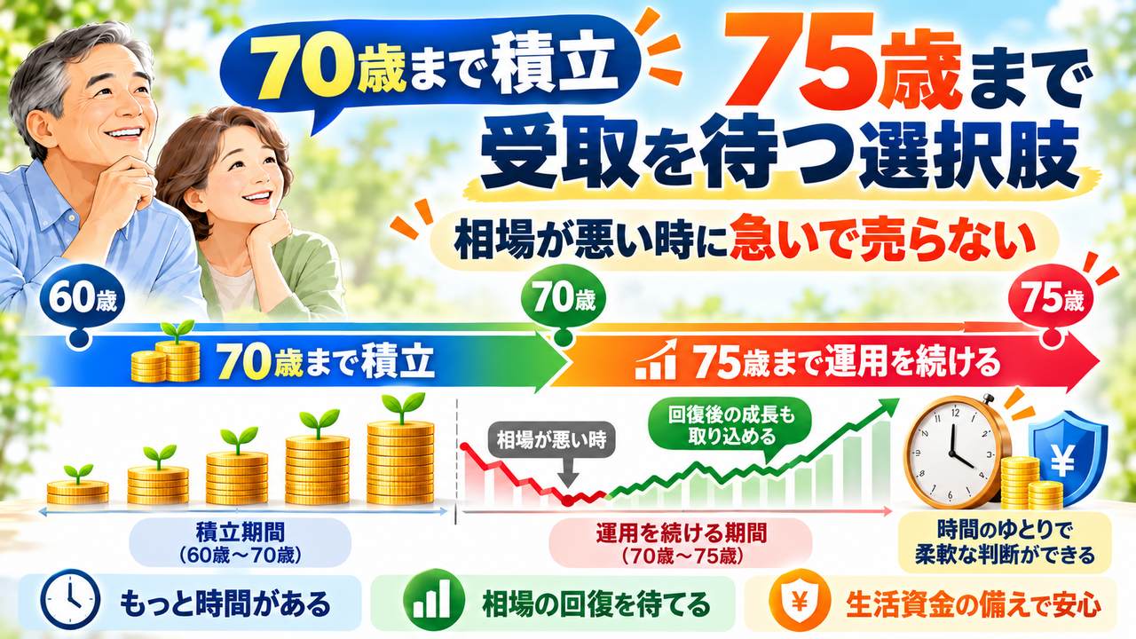 70歳まで積み立て、相場が悪いときは75歳まで運用を続ける選択肢