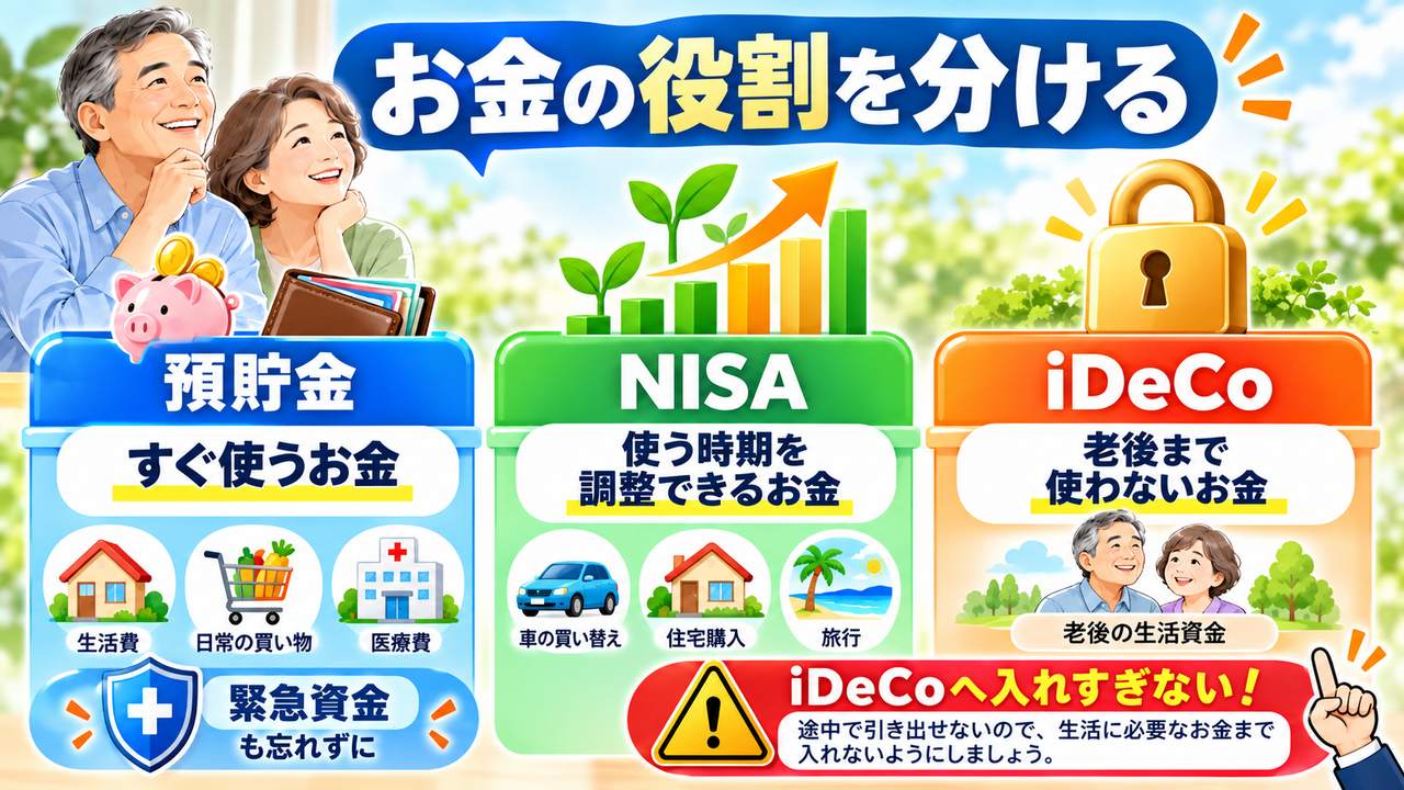 預貯金、NISA、iDeCoをお金を使う時期に応じて分ける図