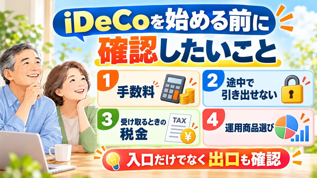 iDeCoを始める前に手数料、資金拘束、受取時の税金、運用商品を確認する図