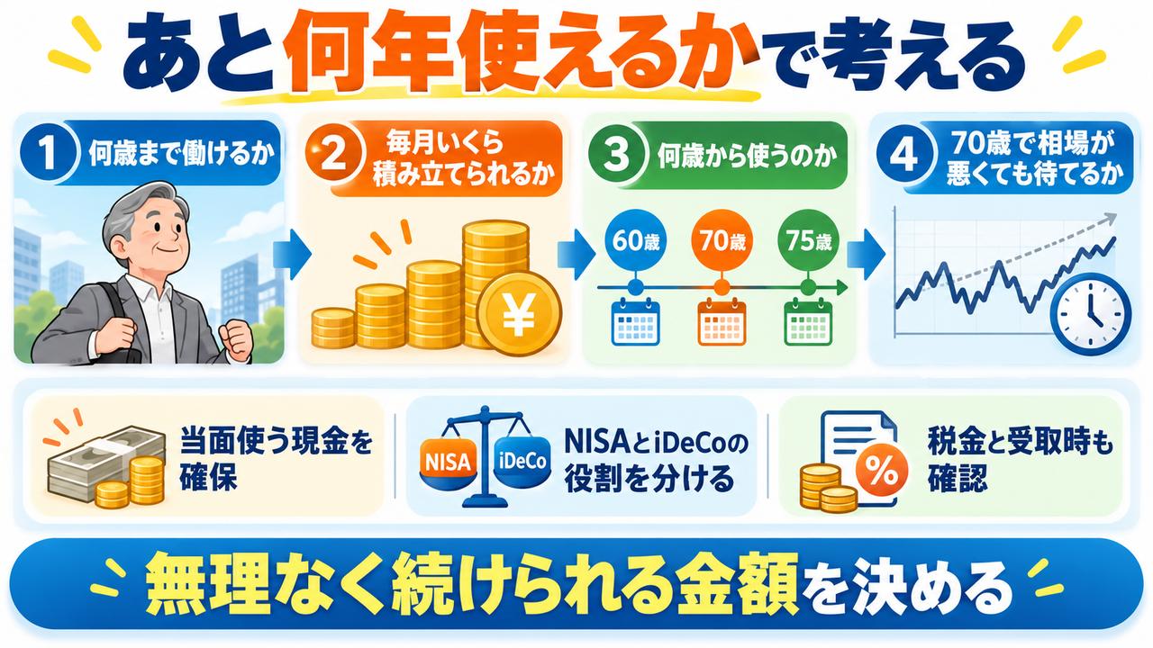 働ける年齢、積立額、使う年齢、相場下落時に待てるかを確認するまとめ