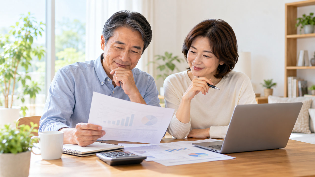 夫婦が資産運用の税金と手取りを一緒に確認している様子