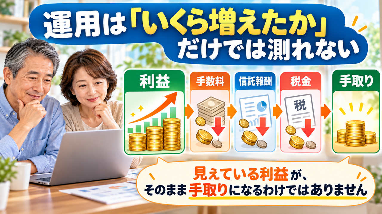 運用益から手数料、税金、社会保険料を差し引いて手取りを確認する考え方