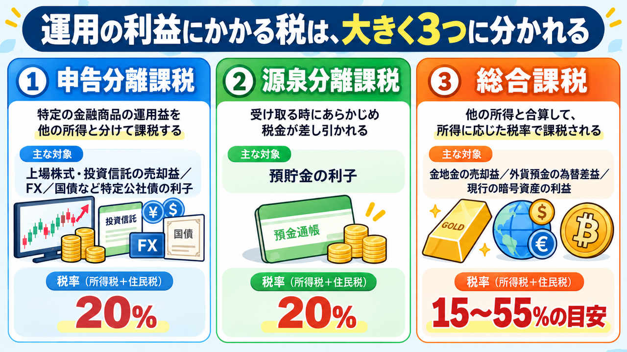 申告分離課税、源泉分離課税、総合課税の3つの課税方法