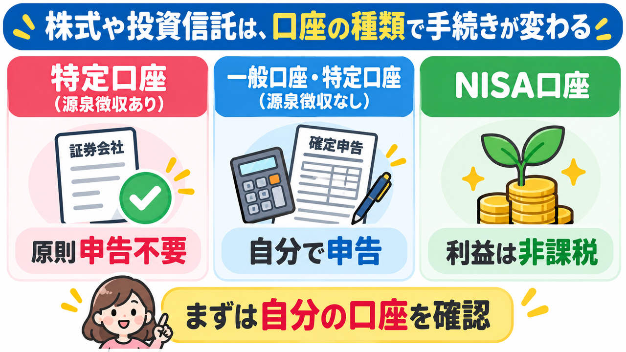 NISA口座、特定口座、一般口座による確定申告の違い