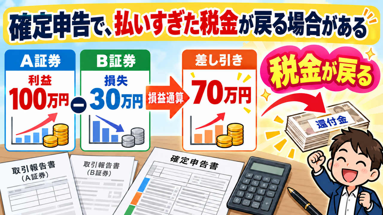 A証券の利益100万円からB証券の損失30万円を差し引き70万円にする損益通算