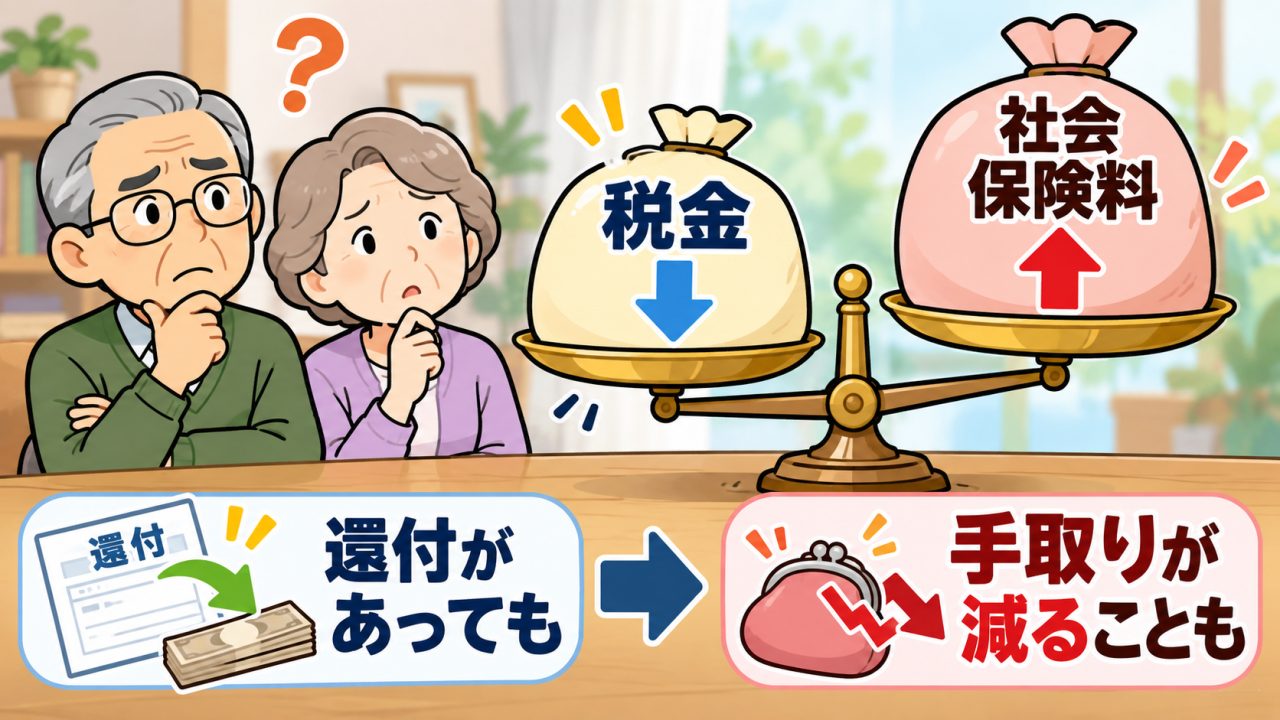 確定申告で税金が戻っても社会保険料が増える場合があることを示す図
