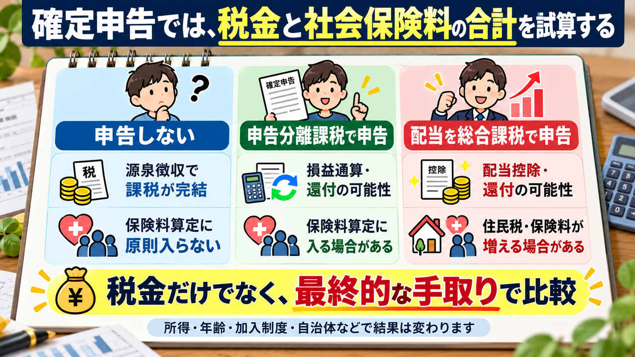 確定申告の方法ごとに税金と社会保険料の合計を比べる図