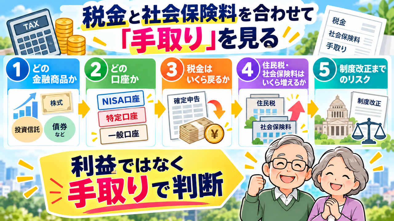 資産運用の利益を金融商品、口座、税金、社会保険料、制度改正の順に確認するまとめ