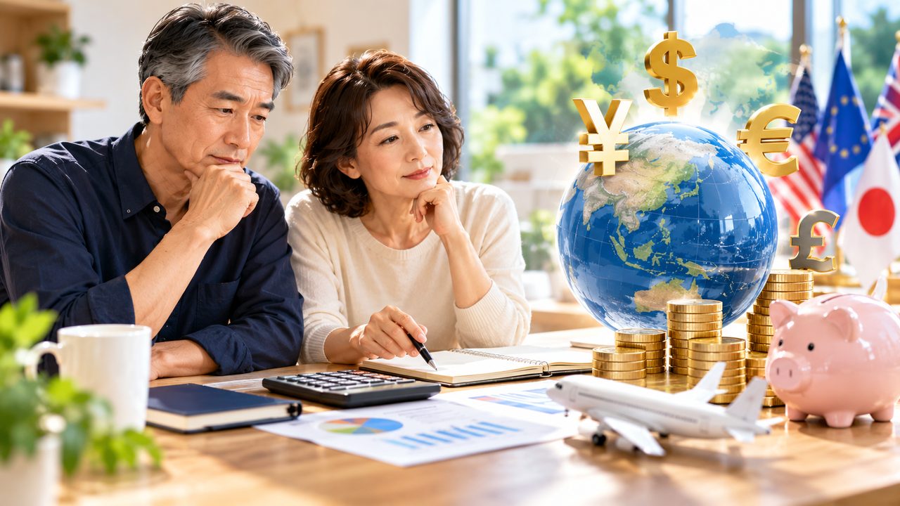 夫婦が円と外貨の持ち方を考えている様子
