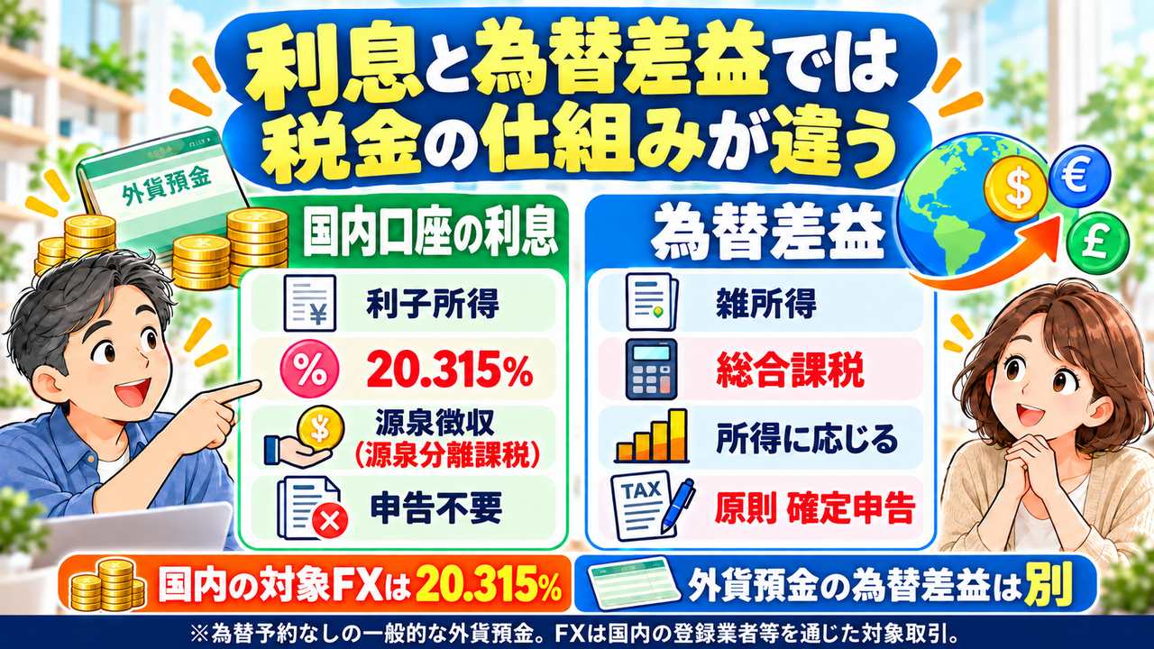 国内外貨預金の利息と為替差益の課税方式および国内の対象FXとの違い