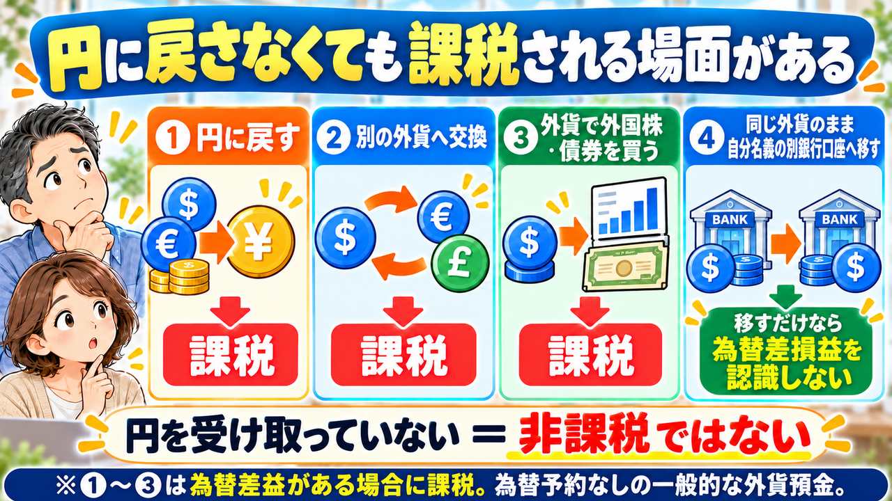 為替差益があるときの課税取引と同一通貨を自分名義の別銀行へ移す取引の違い