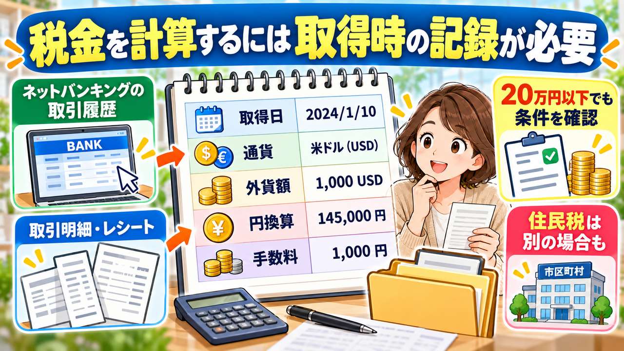 外貨の取得日、通貨、金額、適用レート、手数料を記録する例