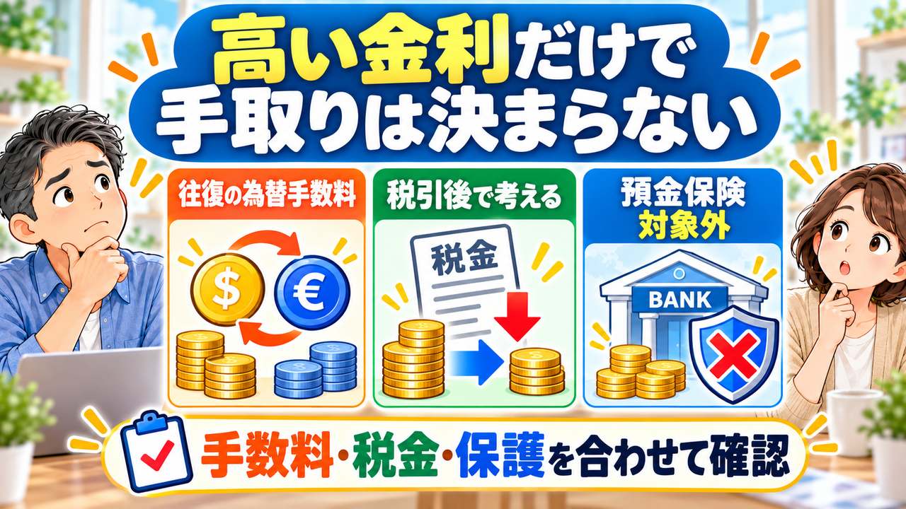 外貨預金で確認する往復手数料、税金、預金保険の対象外という条件
