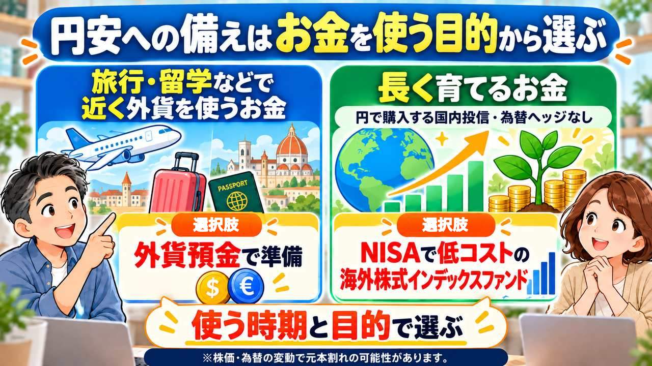 近く外貨で使う資金と長期資産形成の選択肢を使う目的で分ける図
