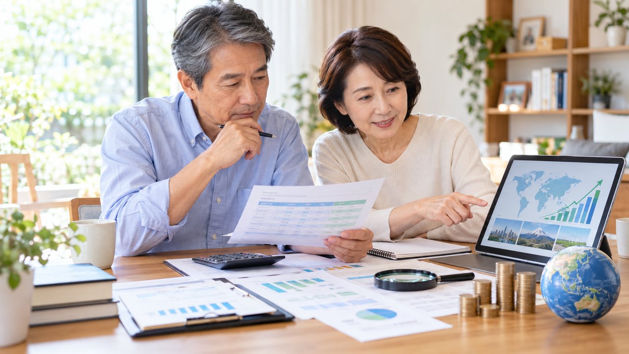 夫婦が投資信託の資料と運用費用を一緒に確認している様子
