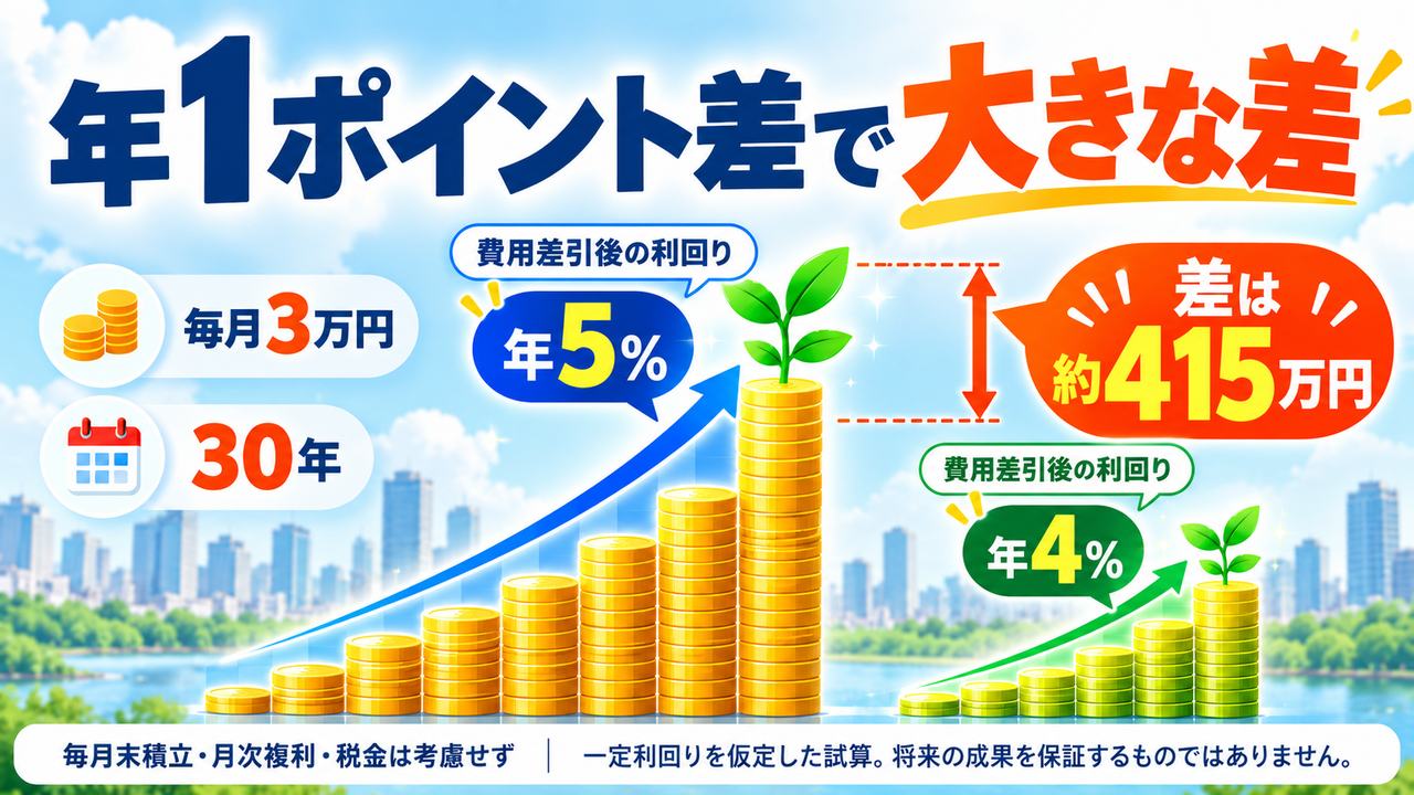 毎月3万円を30年間積み立て、費用差引後の年5%と年4%で約415万円の差となる試算