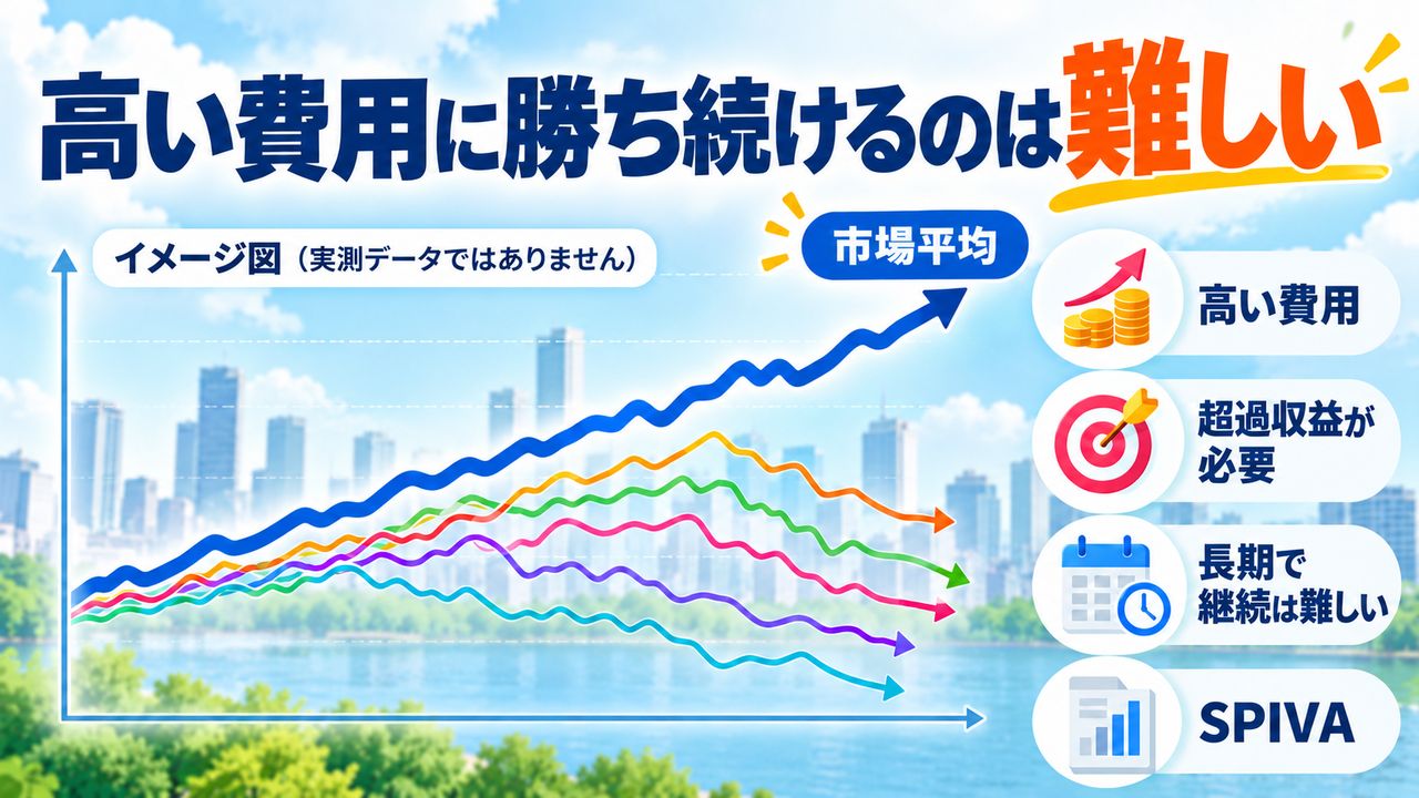 高い費用を上回る超過収益を長期間維持する難しさを示すイメージ