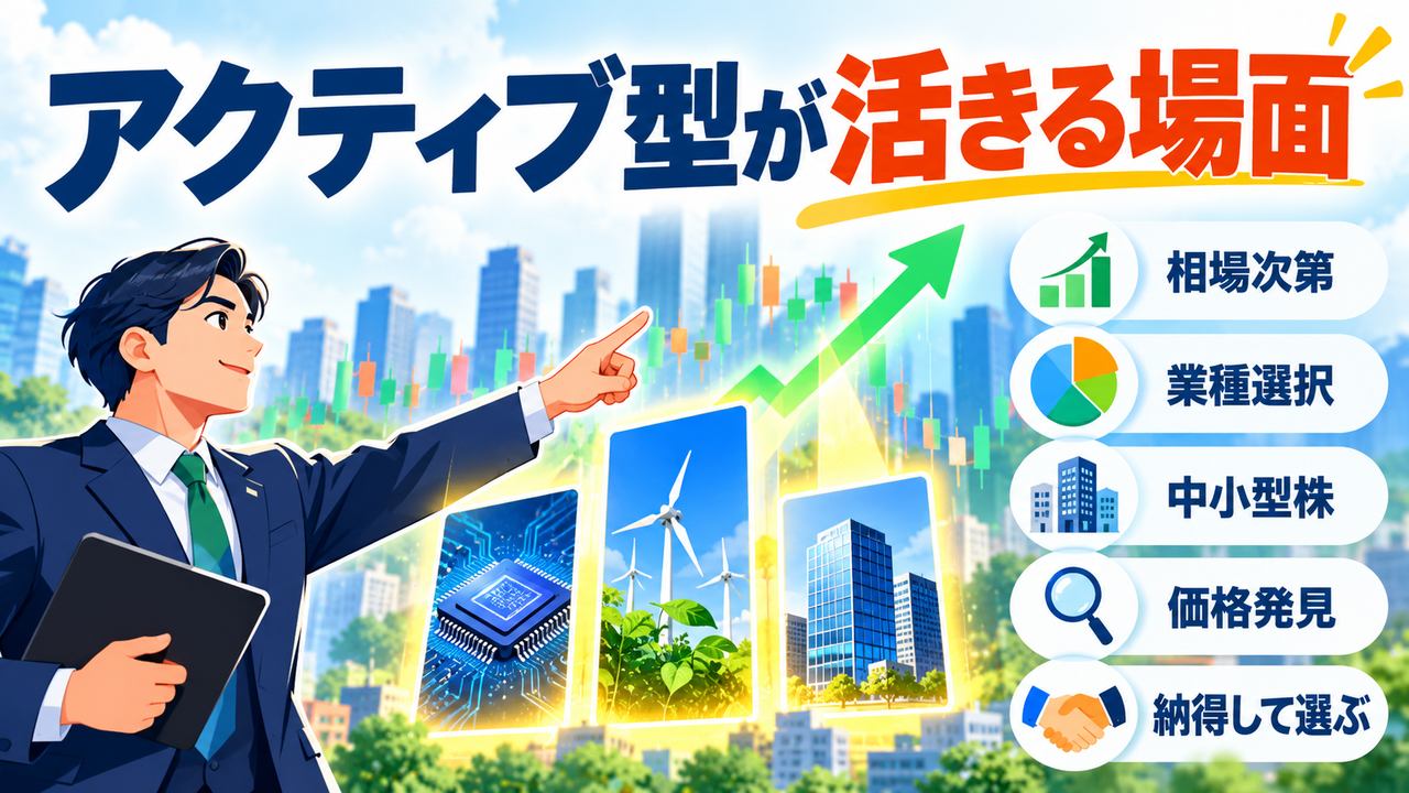 業種や中小型株への配分などがアクティブ運用に有利となる場面を示す図