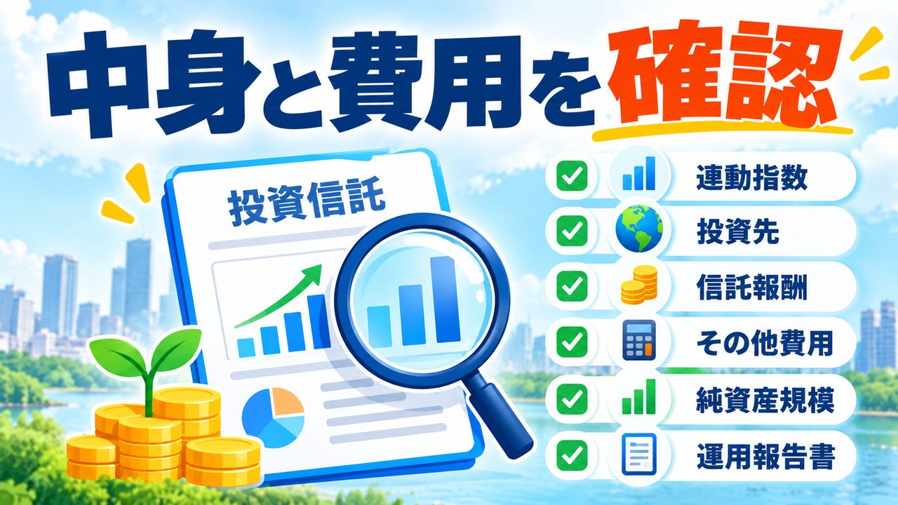 投資信託の指数、投資先、信託報酬、その他費用、純資産規模、運用報告書の確認項目